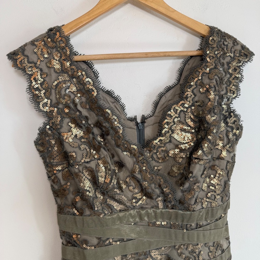 Tadashi Shoji Bronze Olive Sequin Lace Sheath Cocktail Dress Sz 4 Art Deco‎ Glam - Picture 3 of 16
